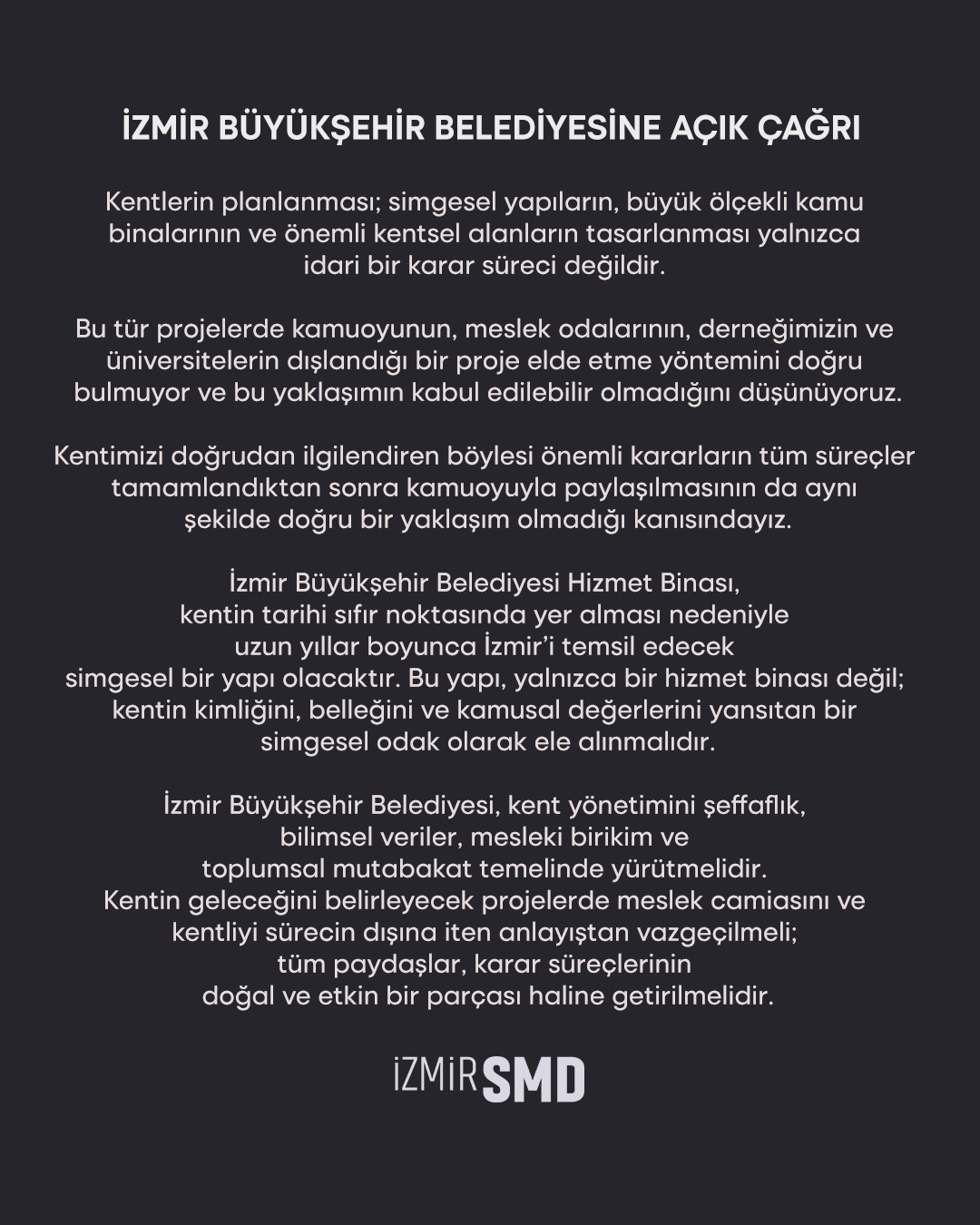 İZMİR BÜYÜKŞEHİR BELEDİYESİNE AÇIK ÇAĞRI